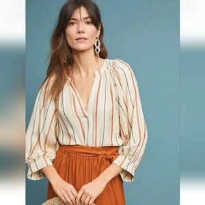 Anthropologie Maeve V-Neck Blouse Stripes Cream Brown Bubble Sleeve Size Medium